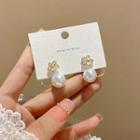 Flower Rhinestone Faux Pearl Alloy Dangle Earring E5123 - 1 Pair - White & Gold - One Size