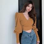 Puff-sleeve V Neck Cropped Top