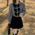 Gingham Bow Accent Blouse / Mini A-line Skirt