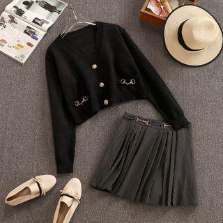 Set: Faux Pearl Cardigan + Pleated Skirt