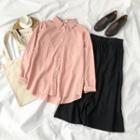Plain Shirt / High Waist Midi A-line Skirt