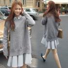 Set: Long-sleeve Plain Knit Sweater + Long-sleeve Collared A-line Mini Dress