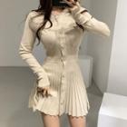 Long-sleeve Button-up Knit Mini A-line Dress