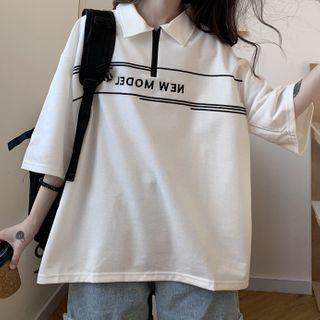 Elbow-sleeve Lettering Embroidered Zip Polo Shirt