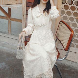 Long-sleeve Lace Panel Midi A-line Dress / Camisole Top
