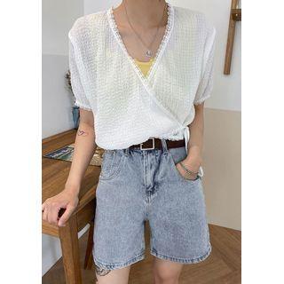 Lace-trim Crop Wrap Blouse