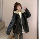 Fluffy Collar Faux Leather Jacket Padded Edition - Black - One Size
