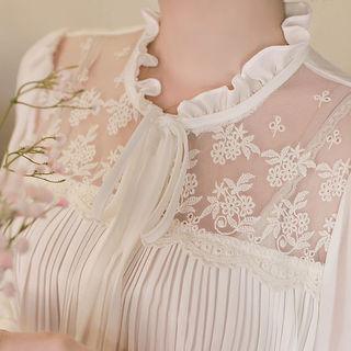Sheer-yoke Puff-sleeve Pleated Blouse