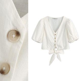 Short-sleeve Tie-waist V-neck Crop Top