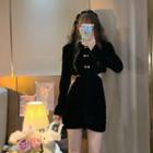 Long-sleeve Knot Button Velvet Cut-out Dress