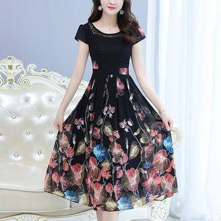 Mock Two-piece Cap-sleeve Floral Print Midi Dress