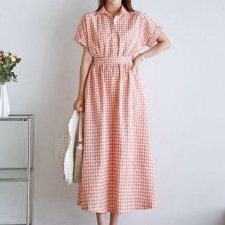 Cuff-sleeve Gingham Maxi Shirtdress