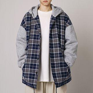 Hooded Plaid Panel Single-breasted Jacket