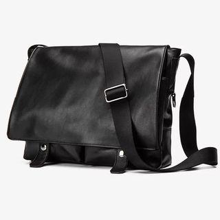 Faux Leather Foldover Messenger Bag Black - One Size