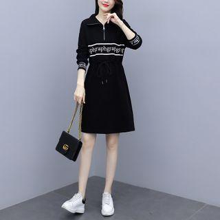Long-sleeve Lettering Print Half-zip Mini A-line Dress