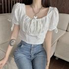 Ruched Puff-sleeve Cropped Blouse White - One Size
