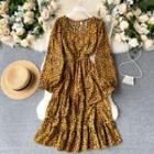 Square-neck Puff-sleeve Ruffle Leopard Print Dress