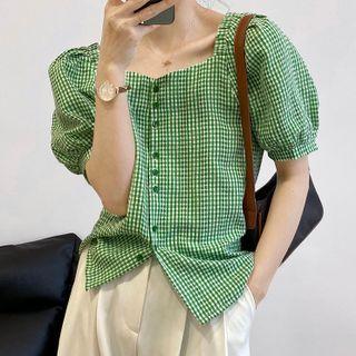 Puff-sleeve Button-up Gingham Blouse
