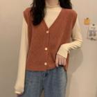 Button Knit Vest / Long-sleeve Mock Neck Knit Top