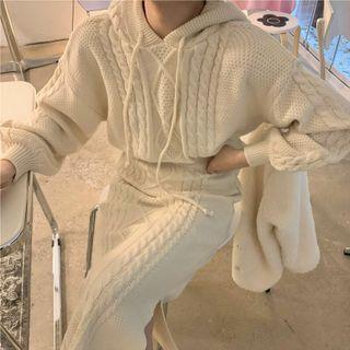 Hooded Sweater / Knit Skirt / Faux Shearling Jacket