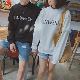 Mock Two-piece Letter Embroidered Long-sleeve T-shirt