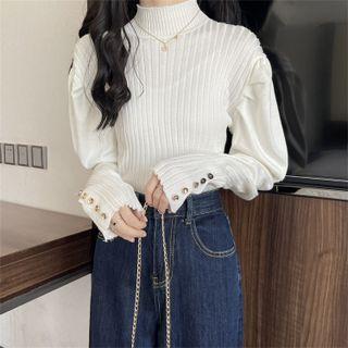 Puff-sleeve Plain Slim-fit Knit Top