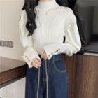 Puff-sleeve Plain Slim-fit Knit Top