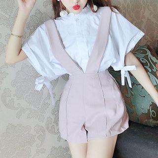 Set: Ruffle Trim Short-sleeve Blouse + Suspender Shorts