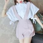 Set: Ruffle Trim Short-sleeve Blouse + Suspender Shorts