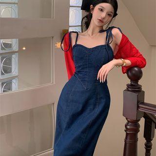 Plain Cardigan / Spaghetti Strap Denim Midi Sheath Dress