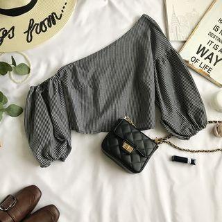 Cropped One-shoulder Pinstripe 3/4-sleeve Blouse