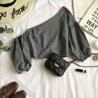 Cropped One-shoulder Pinstripe 3/4-sleeve Blouse