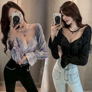Long-sleeve Mesh Panel Velvet Blouse