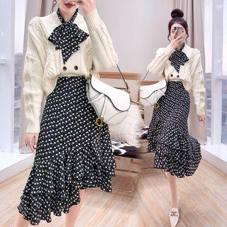 Set: Cable Knit Cardigan + Asymmetrical Dotted Midi A-line Skirt