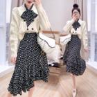 Set: Cable Knit Cardigan + Asymmetrical Dotted Midi A-line Skirt