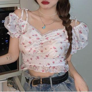 Puff-sleeve Floral Print Cropped Blouse Pink Floral - White - One Size