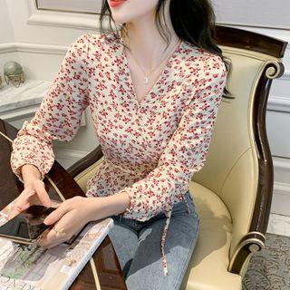 V-neck Floral Tie-waist Blouse