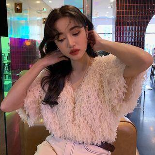 Short-sleeve V-neck Fringe Sweater Almond - One Size