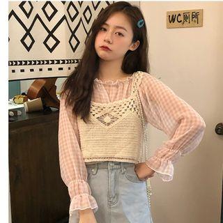 Long-sleeve Frill Trim Gingham Chiffon Top / Sleeveless Perforated Cropped Top