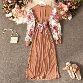 Floral Panel Tie-waist Maxi A-line Dress