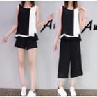 Set: Printed Sleeveless Top + Plain Shorts / Wide Leg Cropped Pants