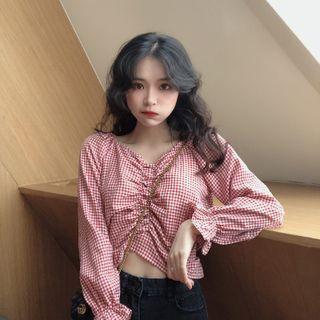 Long-sleeve Gingham Check Blouse