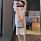 Long-sleeve Striped Midi Knit Dress Almond - One Size