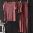 Set: Short-sleeve Knit Top + Shorts + Wide Leg Pants