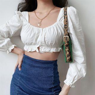 Ruffle Lantern-sleeve Cropped Open-back Shirt