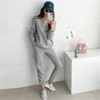 Set: Letter Embroidered Pullover + Sweat Pants Melange Gray - One Size