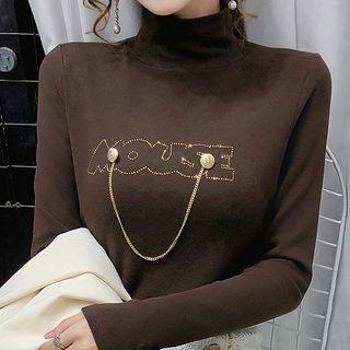 Turtleneck Rhinestone Lettering T-shirt