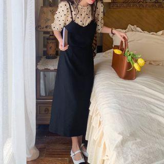 Elbow-sleeve Mock Two-piece Maxi A-line Dress