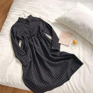 Plaid High-waist Long-sleeve Dress Black - One Size