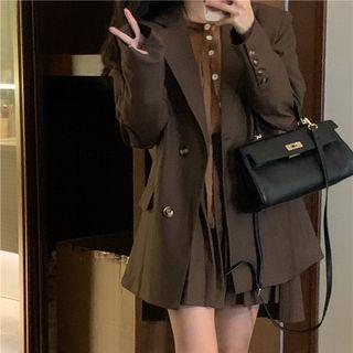 Plain Blazer / Long-sleeve Plain V-neck Cardigan / Pleated Plain Mini Skirt